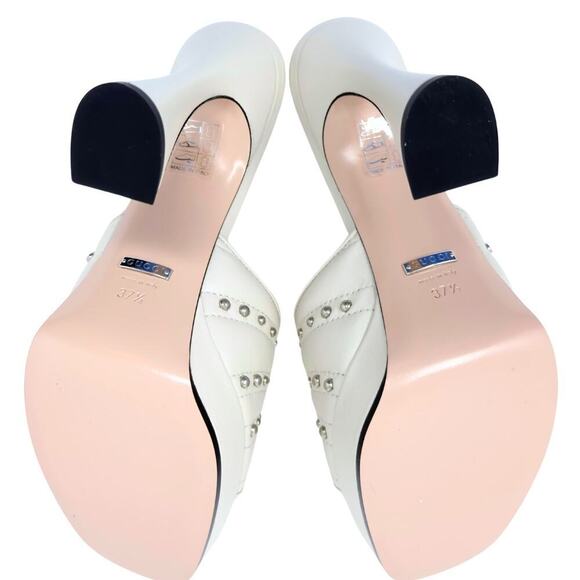 NWT Gucci GG Logo Marmont Platform Heels White Stud Claire Fluted Sandals EU37.5 - Picture 10 of 11
